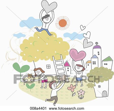 Stock Image - Happy people holding heart in the town . Fotosearch