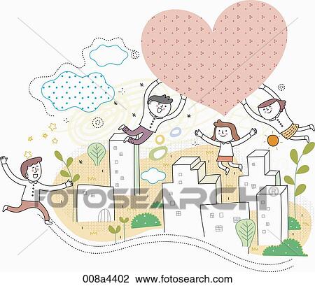Stock Image - Happy people holding heart in the town . Fotosearch