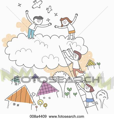 Happy people moving up the ladder to the cloud View Large Photo Image Stock Photo - Happy people moving up the ladder to the cloud. Fotosearch