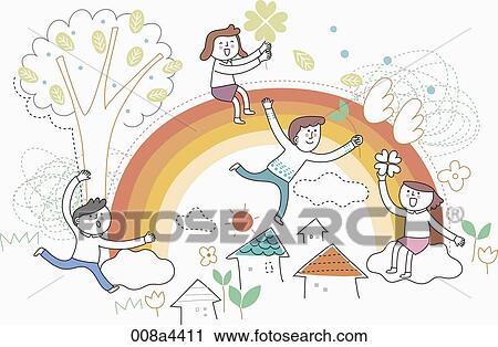 Happy people playing around the rainbow View Large Photo Image Stock Image - Happy people playing around the rainbow. Fotosearch