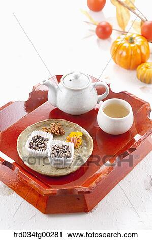 Korean dessert and tea setting on wooden tray View Large Photo Image Stock Image - Korean dessert and tea setting on wooden tray. Fotosearch