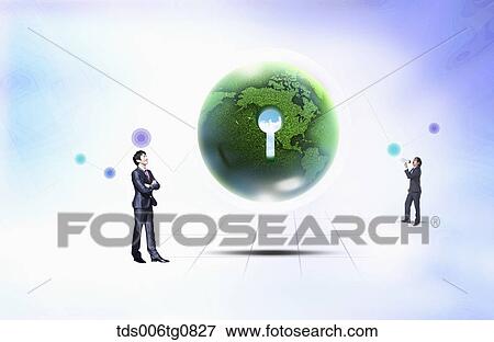 Stock Photo - Men with the earth and key hole inside . Fotosearch