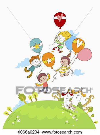 Multicultural children flying with the balloons View Large Photo Image Picture - Multicultural children flying with the balloons. Fotosearch