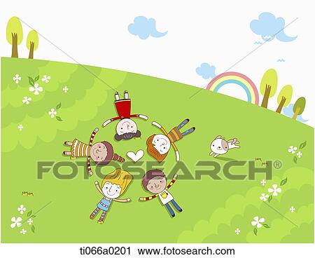 Multicultural children lying on the green field View Large Photo Image Stock Image - Multicultural children lying on the green field . Fotosearch