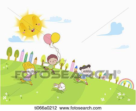 Stock Image - Multicultural children running down on the hill. Fotosearch