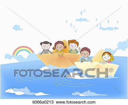 Multicultural children sailing on the paper boat View Large Photo Image Stock Image - Multicultural children sailing on the paper boat. Fotosearch