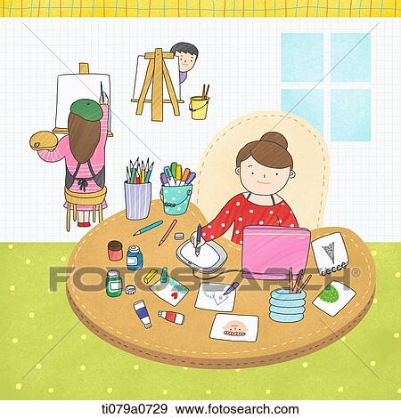 Stock Photo - Painters painting on the canvas and web program. Fotosearch