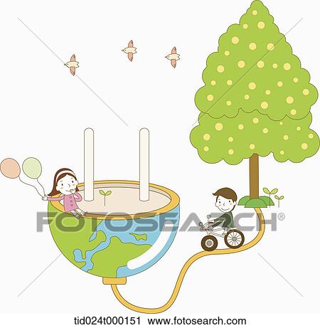 Stock Image - People around the green globe plug. Fotosearch