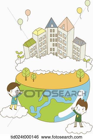 Stock Photograph - People holding up the green globe. Fotosearch