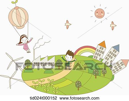 Stock Image - People living in the green energy town . Fotosearch
