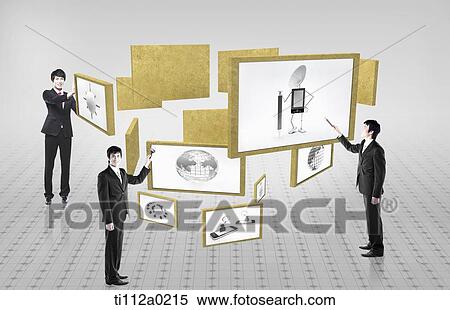 Stock Photography - People pointing to web-based globe. Fotosearch