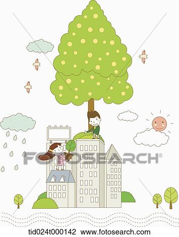 People standing on the building with trees View Large Photo Image Stock Image - People standing on the building with trees . Fotosearch
