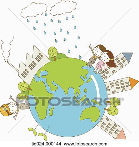 Picture - People standing on the green globe. Fotosearch