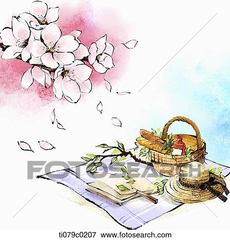 Picnic items and pink blossom View Large Photo Image Stock Photo - Picnic items and pink blossom . Fotosearch