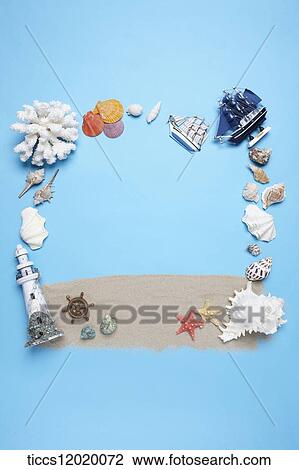 Stock Image - Shell, ship, and light house frame. Fotosearch