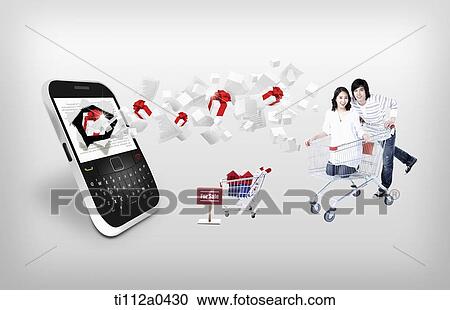 Stock Image - Shoppers in the cart and the Smartphone putting out the gifts. Fotosearch