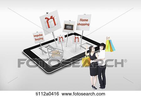 Shoppers with shopping sign on the tablet PC View Large Photo Image Stock Photograph - Shoppers with shopping sign on the tablet PC. Fotosearch