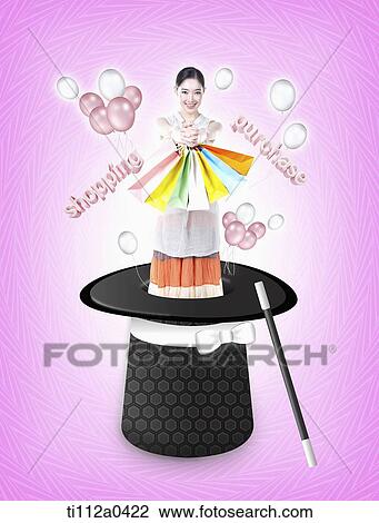 Stock Image - Shopping woman from the magician hat. Fotosearch