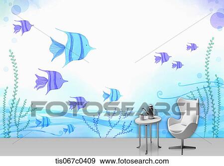 Table and chair with blue and purple fish background View Large Photo Image Stock Photo - Table and chair with blue and purple fish background. Fotosearch