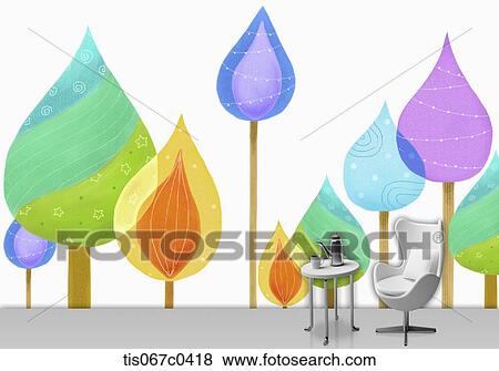 Table and chair with colorful tree background View Large Photo Image Stock Photo - Table and chair with colorful tree background. Fotosearch