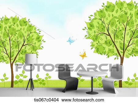 Table and chair with green tree background View Large Photo Image Picture - Table and chair with green tree background. Fotosearch