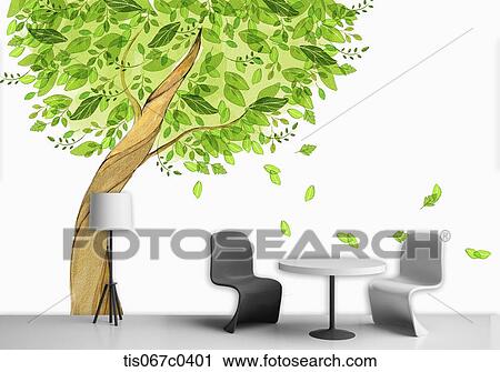 Stock Image - Table and chair with green tree background. Fotosearch