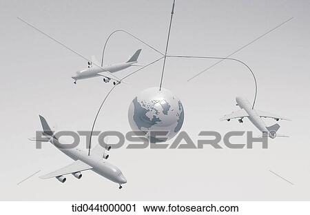 Stock Image - The airplane and globe mobile. Fotosearch