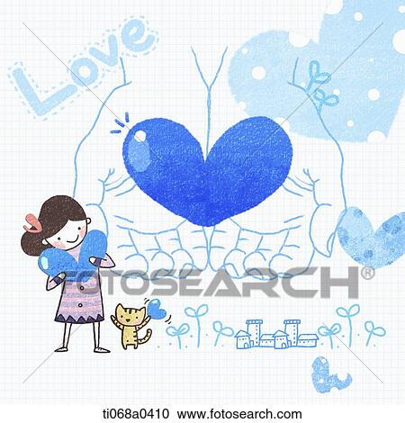 Stock Image - The hand, girl, and cat with blue heart . Fotosearch