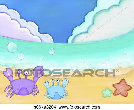Picture - The image of beach, crabs, starfish, and blue sky. Fotosearch