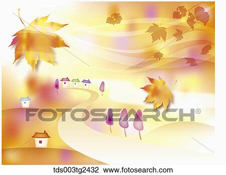 Stock Image - The image of colored leaves and town in the fall. Fotosearch