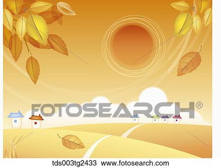 Stock Image - The image of colored leaves and town in the fall. Fotosearch