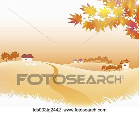Stock Image - The image of colored leaves and town in the fall. Fotosearch