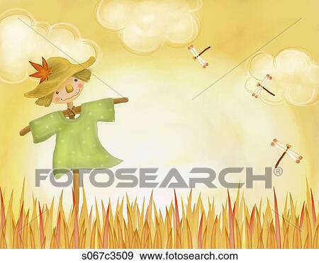 Stock Photo - The image of crop and scarecrow in the fall. Fotosearch