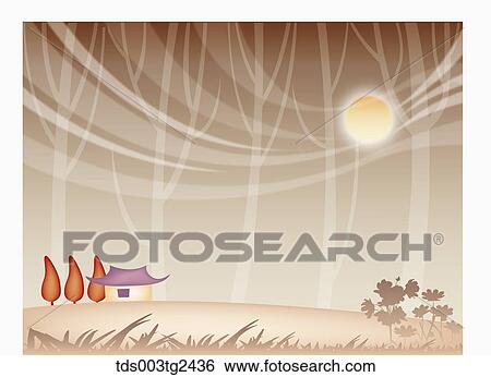 Stock Photograph - The image of full moon and landscape in the fall . Fotosearch