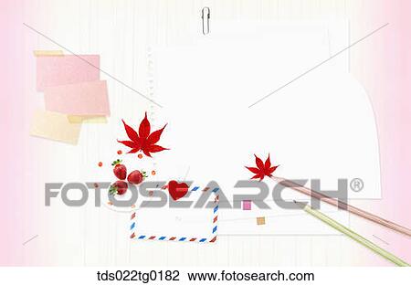 Stock Image - The image of letter, colored leaves, and pens. Fotosearch