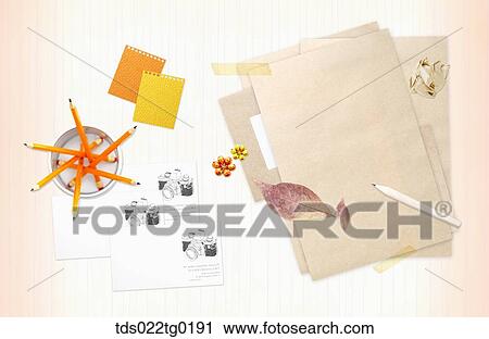 Stock Image - The image of letter, colored leaves, and a pencil . Fotosearch