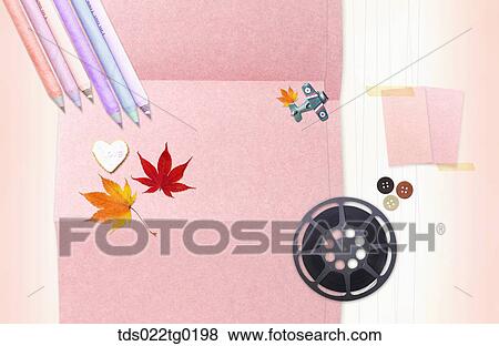 Stock Photo - The image of letter, flim, colored leaves, and pencils. Fotosearch