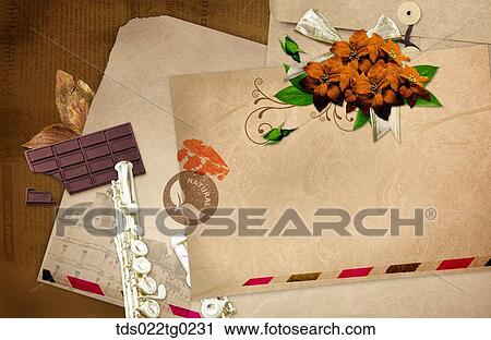 Stock Image - The image of letter, flowers, chocolate, and a flute. Fotosearch