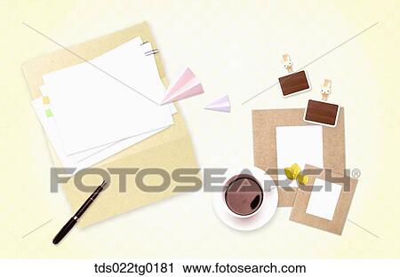 Stock Image - The image of letter, pen, and a cup of coffee. Fotosearch