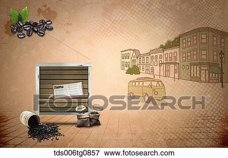 Stock Photo - The image of street, bulletin board, and coffee bags. Fotosearch