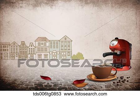 Stock Image - The image of street, coffee machine and a cup of coffee. Fotosearch