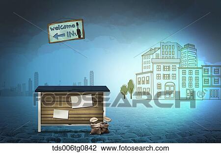 Stock Image - The image of street, signboard, and coffee bean bags. Fotosearch