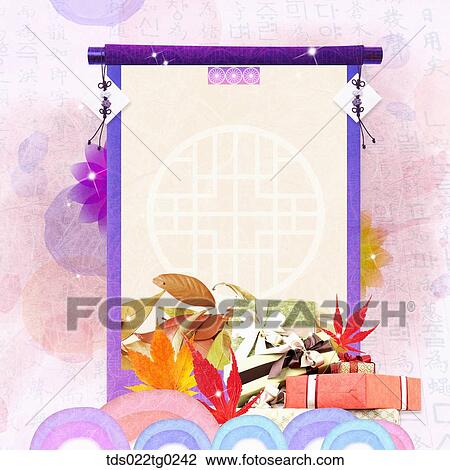 Stock Image - The image of traditional pattern with colored leaves and gift decoration. Fotosearch