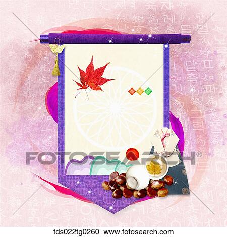 Stock Image - The image of traditional pattern with chestnut, colored leaves, and Korean traditional clothes. Fotosearch