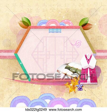Stock Photo - The image of traditional pattern with rice cake and Korean traditional clothes . Fotosearch
