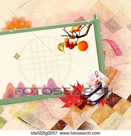 Stock Photo - The image of traditional pattern with colored leaves, traditional shoes, and persimmon. Fotosearch