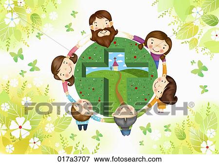 Stock Photo - The Jesus and children holding hands around the cross field. Fotosearch
