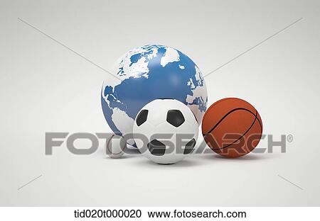 Stock Image - Various sport balls around the globe. Fotosearch