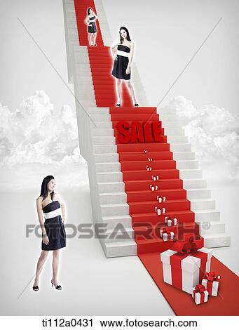 Women standing on the sale event stairs View Large Photo Image Stock Image - Women standing on the sale event stairs. Fotosearch