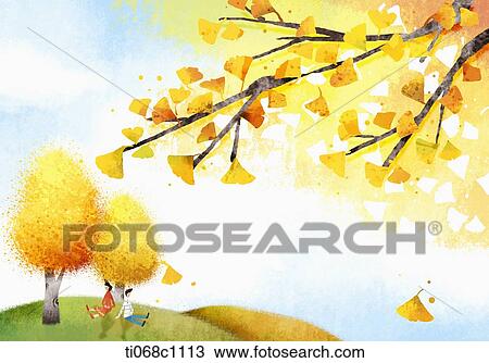 恋人 モデル 下に 銀杏 木 スケッチ Ti068c1113 Fotosearch